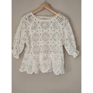 Solitaire Women Crotchet Top Size S Ruffled 3/4 Ballon Sleeve Cotton Ivory Boho